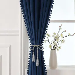 STITCHNEST Blue Velvet Door Curtain With Tieback & Eyelets - 8 Ft image 2