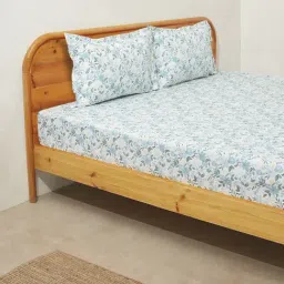 Westside Home Blue Floral Print Double Bed Fitted Sheet & Pillowcase-image-34