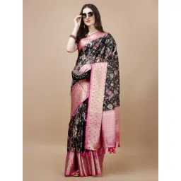 JUST FASHION Black & Pink Silk Printed Saree With Unstitched Blouse-picture-23