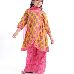 Babyhug 100% Cotton Woven Three Fourth Sleeves Angarakha Kurti & Palazzo Set With Shaded Dupatta Floral Print - Mustard-picture-14