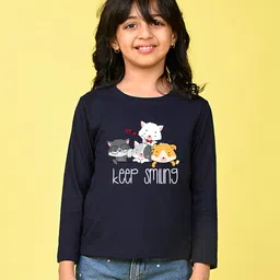 NUSYL Cotton Blend Full Sleeves Keep Smiling Text Printed Tee - Navy Blue-picture-19