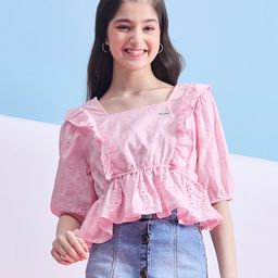 stylobug Stylo Bug Cotton Half Sleeves Schiffli Designed Peplum Top - Pink-picture-41