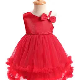 Babyhug Woven Sleeveless Mesh Party Dress with Bow Applique & Pearl Detailing - Red-picture-10