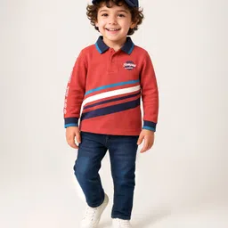 Babyhug Single Jersey Knit Full Sleeves Polo T-Shirt & Denim Jeans Set With Basketball Print - Red & Blue-image-35