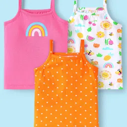 Babyhug 100% Cotton Single Jersey Knit Sleeveless Slips With Polka Dots & Tropical Theme Print Pack Of 3 - Orange Pink & White-picture-17