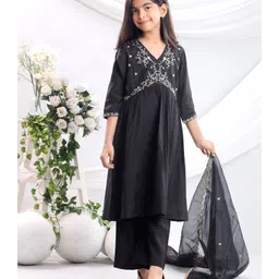 misbis Silk Blend Three Fourth Sleeves Floral Embroidered & Sequins Embellished Kurta Palazzo With Dupatta Set - Black-picture-18
