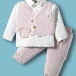 ToffyHouse Interlock Knit Full Sleeves Striped Party Shirt & Trouser Set With Attached Waistcoat & Teddy Bear Patch - White & Khaki-picture-18