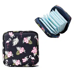 House of Quirk Sanitary Napkin Storage Bag Cosmetic Bag Menstrual Pad Bag With Zipper Storing Sanitary Pads For Women - Dark Blue Flamingo-image-6