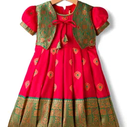 Bhartiya Paridhan Silk Woven Half Puffed Sleeves Pleated Ethnic Dress with Motif Print - Red-picture-15