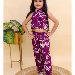AJ Dezines Cotton Woven Sleeveless Floral Printed Top & Coordinating Pant Set - Purple-picture-34
