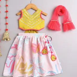 Many frocks & Chanderi Woven Sleeveless Floral Printed Gota Lace Embellished Lehenga Choli With Dupatta Set - Pink & Yellow image 1