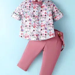 ToffyHouse Poplin Woven Full Sleeves Printed Party Shirt & Trouser Set With Bow & Suspender - White & Pink-picture-31