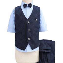 Rikidoos Full Sleeves Checked 3 Piece Party Suit With Bow Set - Navy & Light Blue-picture-31