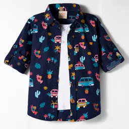 Rikidoos Full Sleeves Van & Birds Printed Shirt With Attached Tee - Navy Blue & White-picture-17