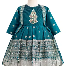 Enfance Floral Embroidered Pleated Knee Length Dress With Full Sleeves Jacket Set - Bottle Green-picture-21