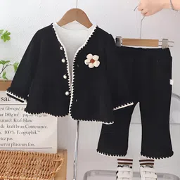 Googo Gaaga Cotton Knit Ribbed Top Trousers With Full Sleeves Flower Applique Detailed Light Winter Sweater - Black-picture-13