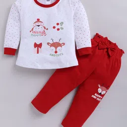 Nottie Planet Cotton Knit Full Sleeves Animals Printed Top & Pant Set - Red-picture-19