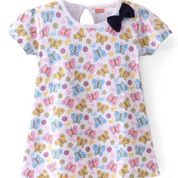 Babyhug Single Jersey Knit Half Sleeves Frocks With Butterfly Print & Bow Applique Pack of 2- White & Navy Blue image 2