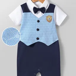 Mark & Mia Cotton Knit Half Sleeves Party Romper With Attached Printed Waistcoat & Bow - Multicolor image 2