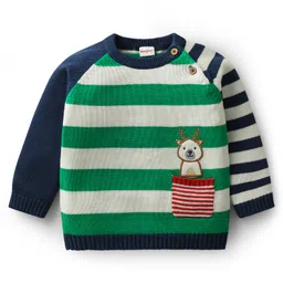 Babyhug Organic Cotton Knit Full Raglan Sleeves Pullover Striped Sweater Set with Cap & Patch Detailing - Navy Blue & Green image 2