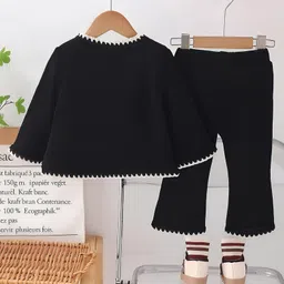 Googo Gaaga Cotton Knit Ribbed Top Trousers With Full Sleeves Flower Applique Detailed Light Winter Sweater - Black image 3