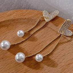 FIMBUL Gold-Plated Crystals Studded And Pearls Beaded Heart Shaped Drop Earrings-image-38