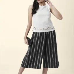 Akkriti by Pantaloons Black Cotton Striped Culottes image 4