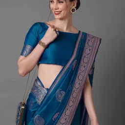 Saree Mall Blue Woven Saree With Unstitched Blouse image 4