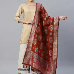 Silk Land Red Cotton Woven Pattern Dupatta image 2
