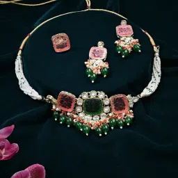 Zaveri Pearls Multicolor Cluster Drop Kundan Multistrand Choker Necklace Earring Ring Set-ZPFK16083 image 2