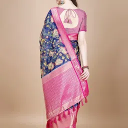 JUST FASHION Navy & Pink Silk Printed Saree With Unstitched Blouse image 2
