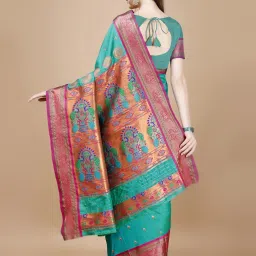 JUST FASHION Blue & Pink Zari Work Saree With Unstitched Blouse image 2