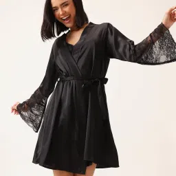 Clovia Black Chic Basic Robe With Matching Babydoll- Satin image 2