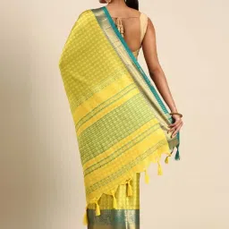 APNISHA Yellow & Blue Woven Saree With Unstitched Blouse image 2