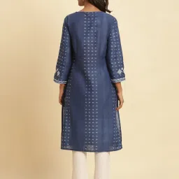 W Blue Cotton Embroidered Straight Kurta image 2