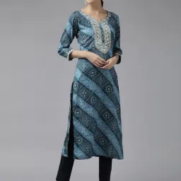 Yufta Blue Cotton Embroidered Straight Kurta-image-30