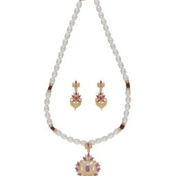 Sri Jagdamba Pearls Dheeksha Pink & White Pearl CZ Necklace Set-picture-23