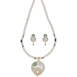 Sri Jagdamba Pearls Naira Green & White Pearl CZ Necklace Set-picture-24