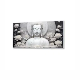 Nestroots White & Grey Buddha Surrounded By White Flowers Wall Painting - Black Floating Frame image 2