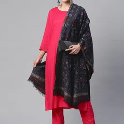 WEAVERS VILLA Women Navy Blue & Pink Floral Woven Design Woollen Shawl-image-95
