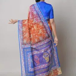 Unnati Silks Orange Cotton Floral Print Saree With Unstitched Blouse image 2