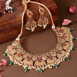 Fida Lovely Red Gold-Plated Temple Pearl Traditional Wear Alloy Necklace Set for Women-image-62