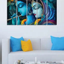 RANDOM Vinyl Blue & Yellow 5 Piece Radha Krishna Religious Canvas Wall Paintings image 3