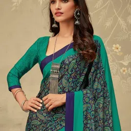 Saree Mall Navy & Green Printed Saree With Unstitched Blouse image 2