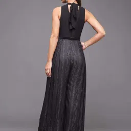 Miss Chase Black Halter Neck Sleeveless Striped Pleated Regular Length Georgette Jumpsuit image 2