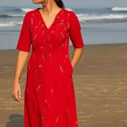 Okhai Red Hand Embroidered Cotton Handloom A-Line Dress image 3