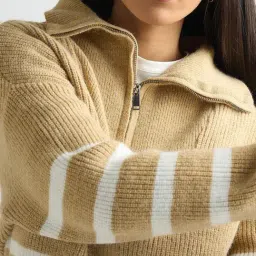 FEMMELLA Beige Acrylic Striped Regular Fit Sweater image 5
