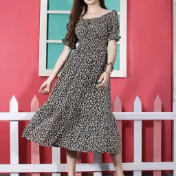 Sera Black Floral Print Fit & Flare Dress-image-79