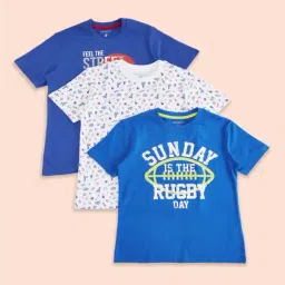 Pantaloons Junior Kids Blue & White Cotton Printed T-Shirt (Pack of 3)-picture-12
