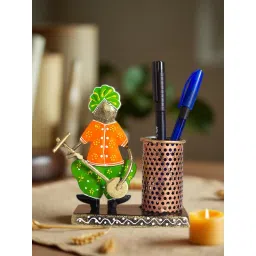 Golden Peacock Green Orange Musician Handcrafted Pen Stand and Visting Card Holder image 2
